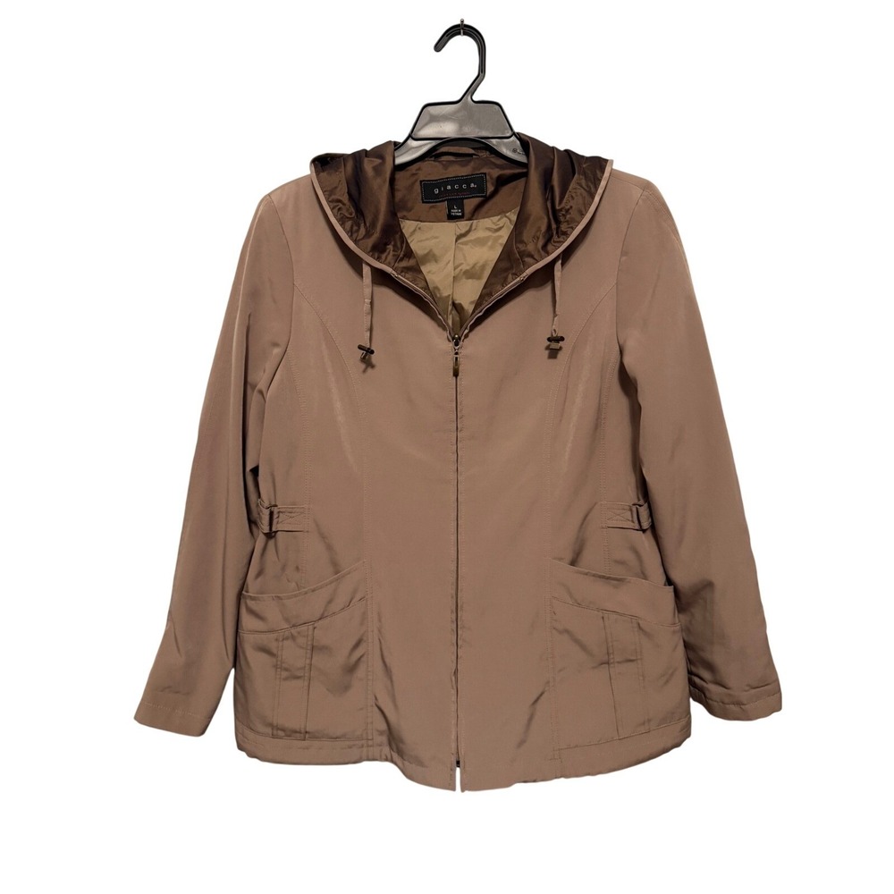 Giacca Women's Brown Lightweight Hooded Full Zip Utility Rain Jacket Large